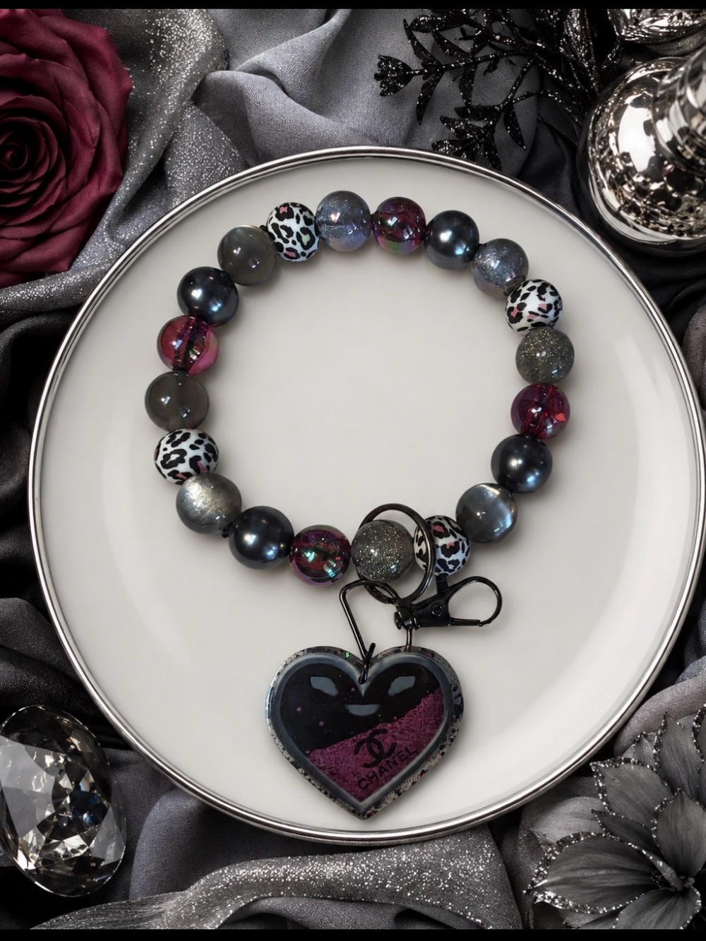 Hand Crafted Beaded Wristlet Keychain with Inspired Heart Charm
